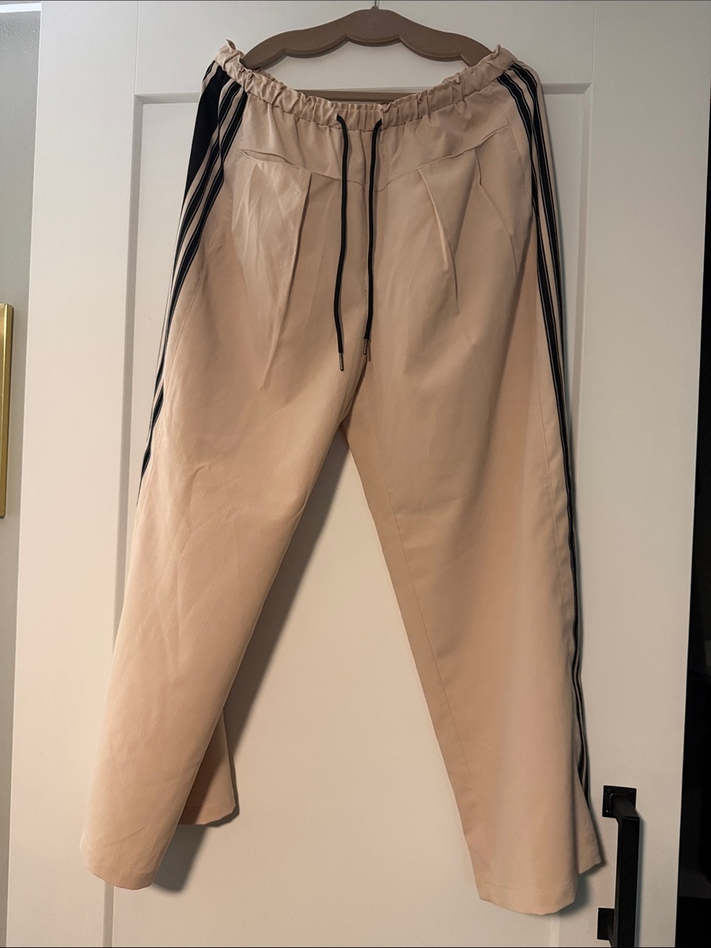 Women’s Beige Drawstring Track Joggers with Black Side Stripes